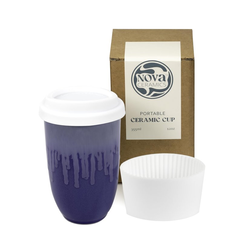 NOVA CERAMICS Ceramic Tumbler– Blue Ceramic Mug – Microwave & Dishwasher Safe Coffee White & Orange Tumbler - Leak-Proof Coffee Travel Mug – 16oz – Neptune
