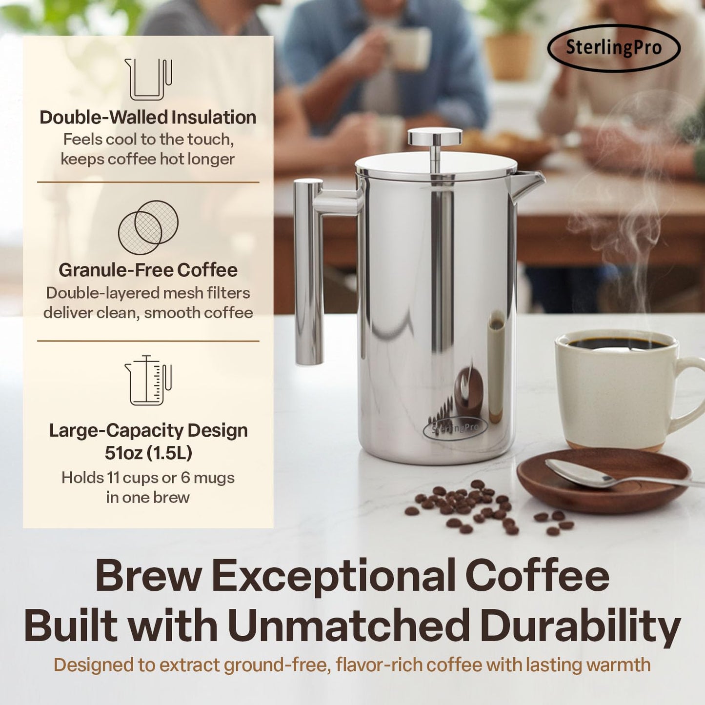 SterlingPro 1.5 L 51 oz Mirror Large French Press Coffee Maker and 2 Pack Replacement Screens Bundle Stainless Steel Double Wall Insulated for Tea and Coffee