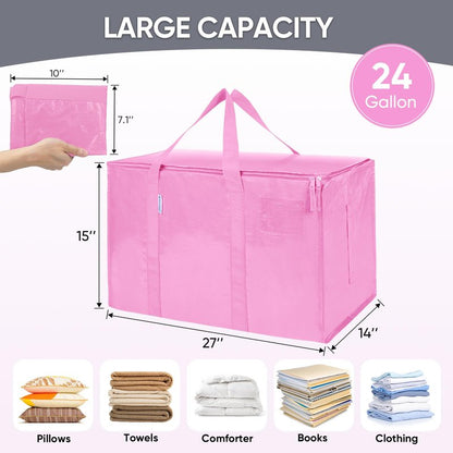 TICONN 6 Pack Extra Large Moving Bags Heavy Duty with Zippers & Carrying Handles, Durable Storage Bags Moving Boxes for Closet Organizers and Storage (6 Pack, Pink)