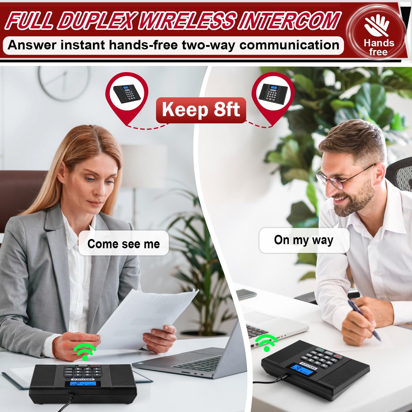 SANZUCO Intercoms Wireless for Home 60D, 2025 Hands Free Intercom Long Range, Clear Sound Wireless Intercom System for House, 18 Channels Two Way Real Time Intercom System for Business Office