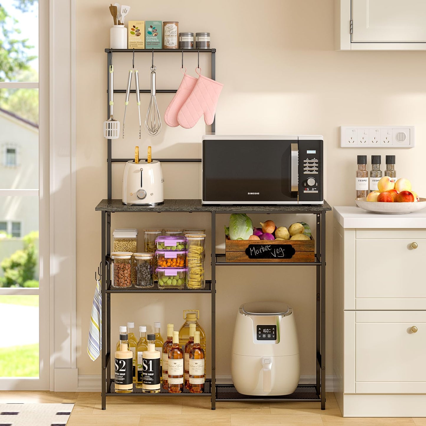 Baker's Rack for Kitchen with Storage, Microwave Stand with Adjustable Shelves and 10 S Hooks, 6-Tier Coffee Bar Station, Kitchen Shelves for Spices, Pots, Rustic Brown