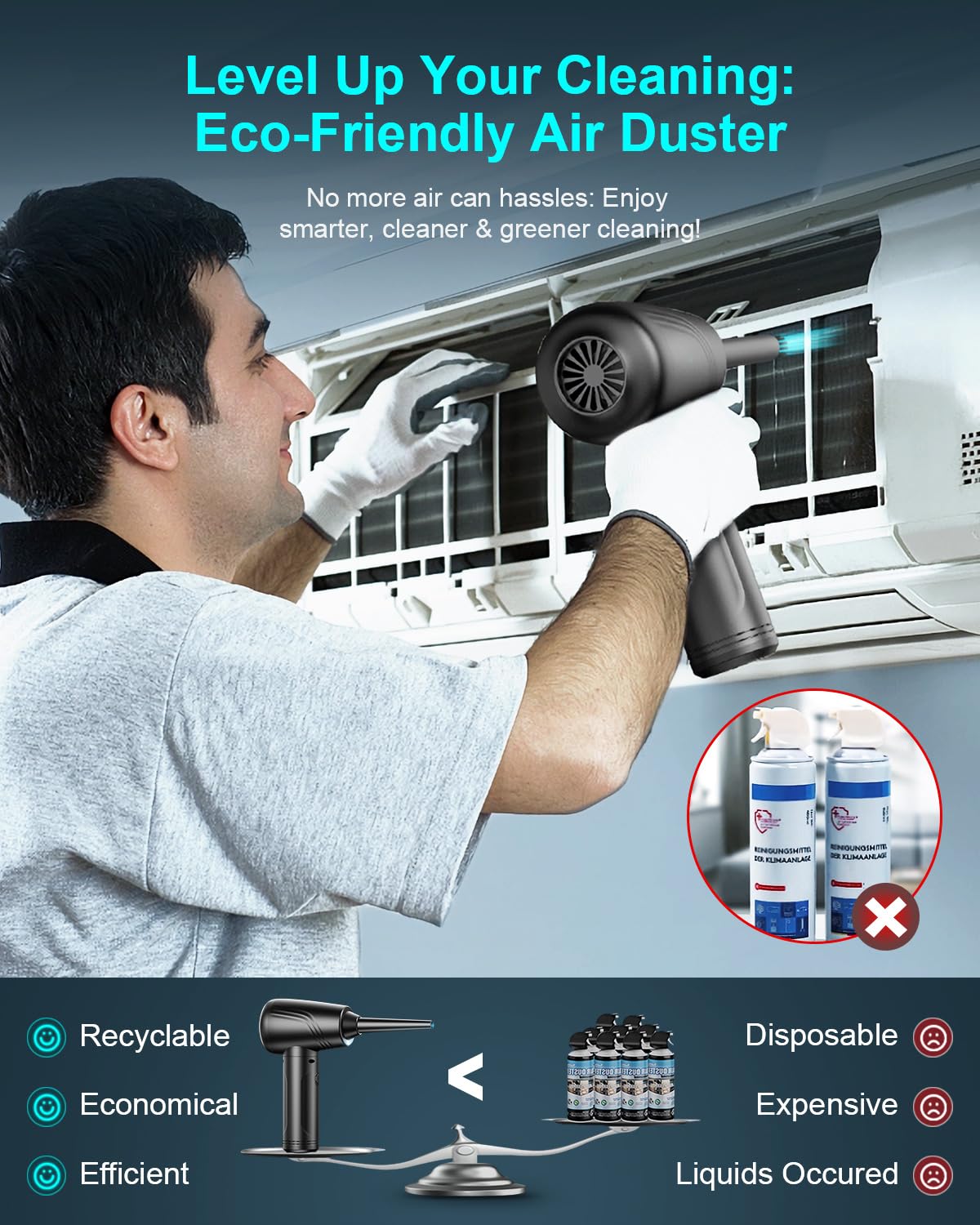 BANKKY 11-in-1 Compressed Air Duster, 3-Gear Adjustable 120000 RPM Electric Air Duster with LED Light, Reusable no Canned Keyboard Cleaner for Office, 9000mAh Cordless Air Duster for Computer/Car