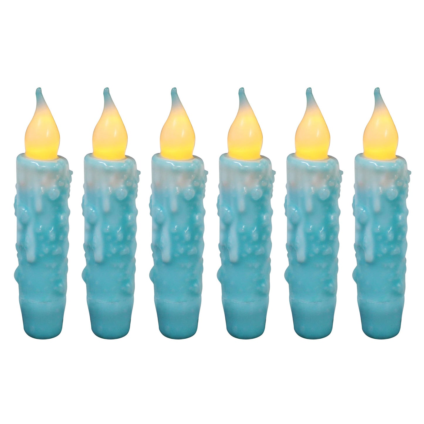 CVHOMEDECO. Real Wax Hand Dipped Battery Operated LED Timer Taper Candles Rustic Primitive Flameless Lights Decor, 4-3/4 Inch, Teal, 6 PCS in a Package