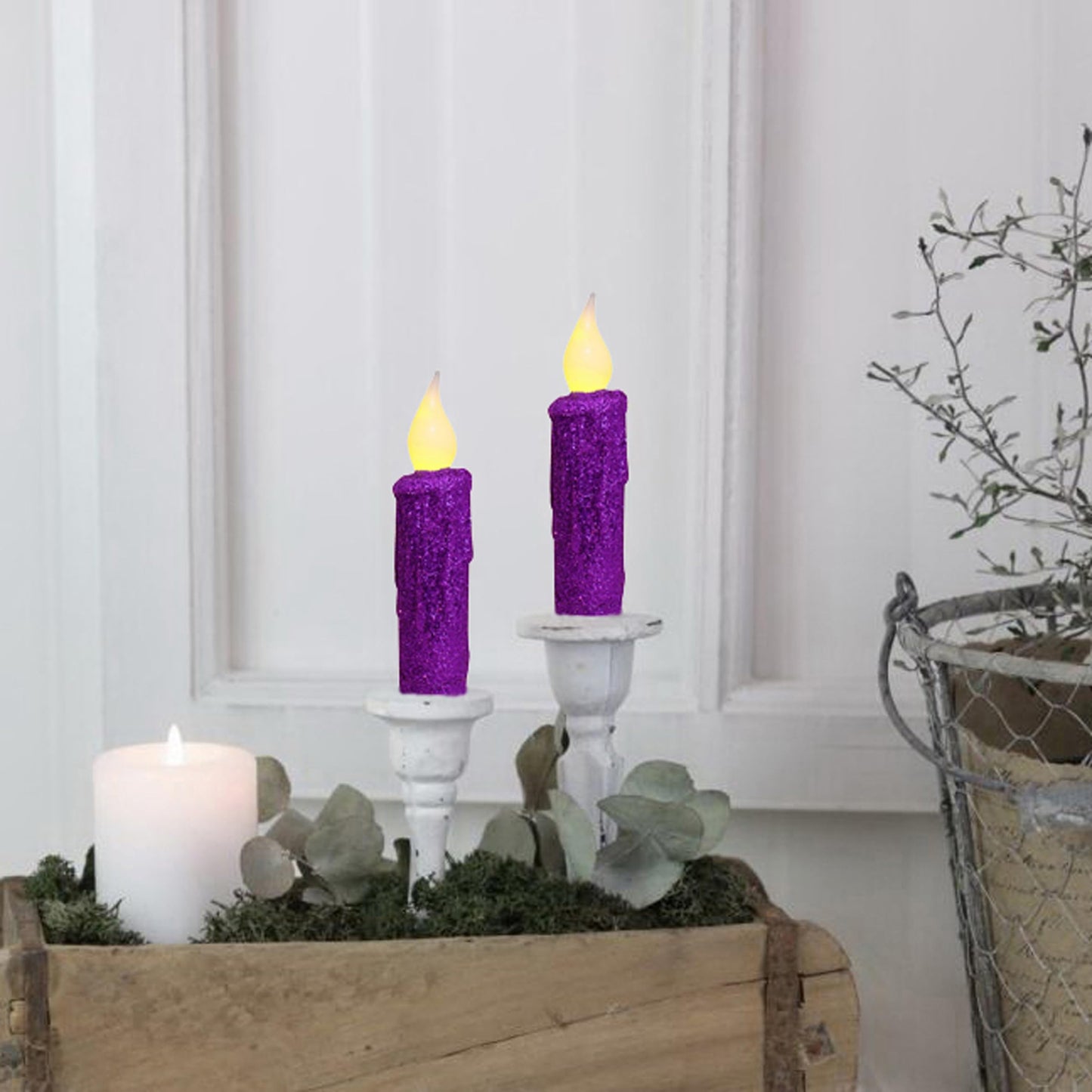 CVHOMEDECO. Glitter Flameless Candles Flickering Battery Operated LED Taper Candles with Timer for Home, Wedding, Halloween, Christmas Decor. Purple, 4-3/4 Inch, Set of 2
