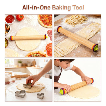 Adjustable Rolling Pin with Thickness Rings, Wooden Dough Roller & 12 Stainless Steel Cookie Cutters Set – 5-in-1 Baking Kit for Pizza, Fondant, Pie, Cookies, Pastry, 17" Non-Stick Wood