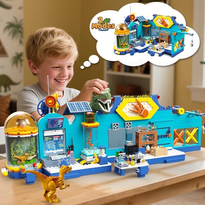 HOGOKIDS 2-in-1 Dinosaur Research Institute Building Set with Light - 837PCS Dino World Building Blocks Toys with 2 Dinosaur Figures Dinosaur Playset Birthday Xmas Gifts for Boys Girls Age 8-14 Years
