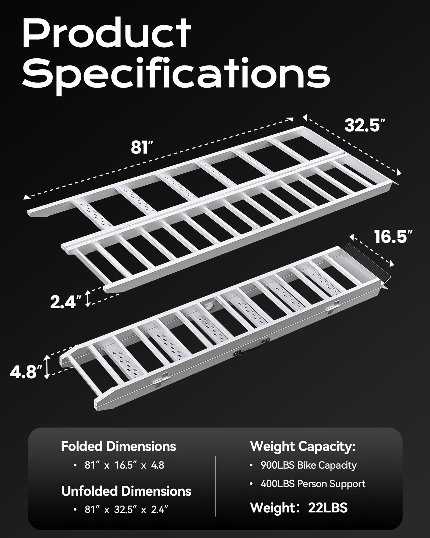 KOLOTOOL 81" Aluminum Motorcycle Loading Ramp with Walking Steps, 32.5" Wide Heavy Duty Folding Ramp for Trucks & Trailers, 900 lbs Bike Capacity & 400 lbs Person Support, Portable Loading Equipment