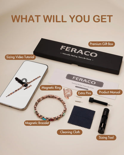 Feraco Pure Copper Bracelets & Ring for Women, Ultra Strength Magnetic Therapy Bracelet with 3800 Gauss Magnets, Natural Turquoise & Stones, Adjustable, Infinite Jewelry