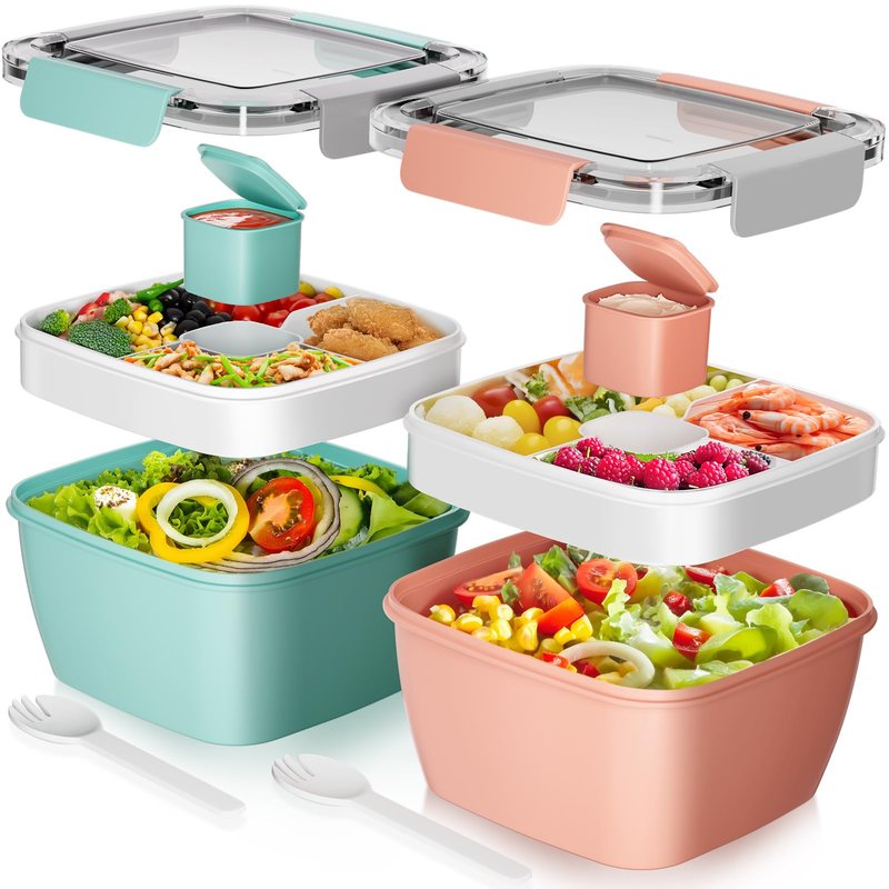 Cherrysea Salad Lunch Container, 2Pack Salad Bowls with 4Compartments Tray, Leak Proof Lunch Box with Fork for Men,Women BPA-Free Snack Container with Sauce Container for Dressings - Blue/Pink