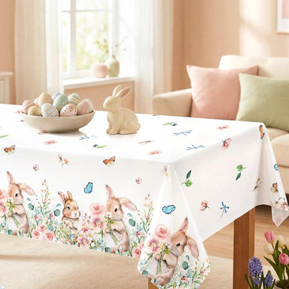 Vanulus 3Pcs Spring Easter Bunny Party Tablecloth Cute Rabbits Pink Floral Disposable Plastic Table Cover Rectangle Table Cloth for Spring Farmhouse Picnic Dinner Table 54x108Inch