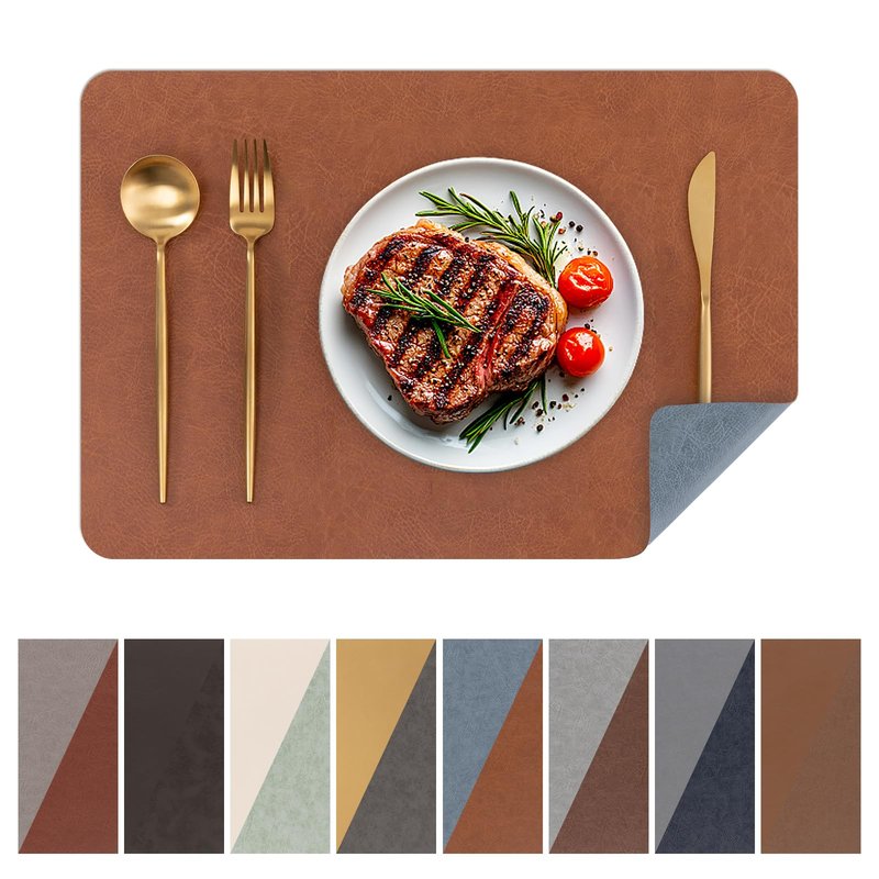 SHACOS Faux Cowhide Leather Placemats Set of 6, Wipeable Heat Resistant Table Mats, Stain Resistant Double Sided Reversible PU Place Mats for Dining Table Kitchen Restaurants, Brown and Blue