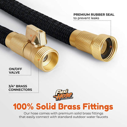Flexi Hose with 8 Function Nozzle Expandable Garden Hose, Lightweight & No-Kink Flexible Garden Hose, 3/4 inch Solid Brass Fittings and Double Latex Core, 75 ft Black