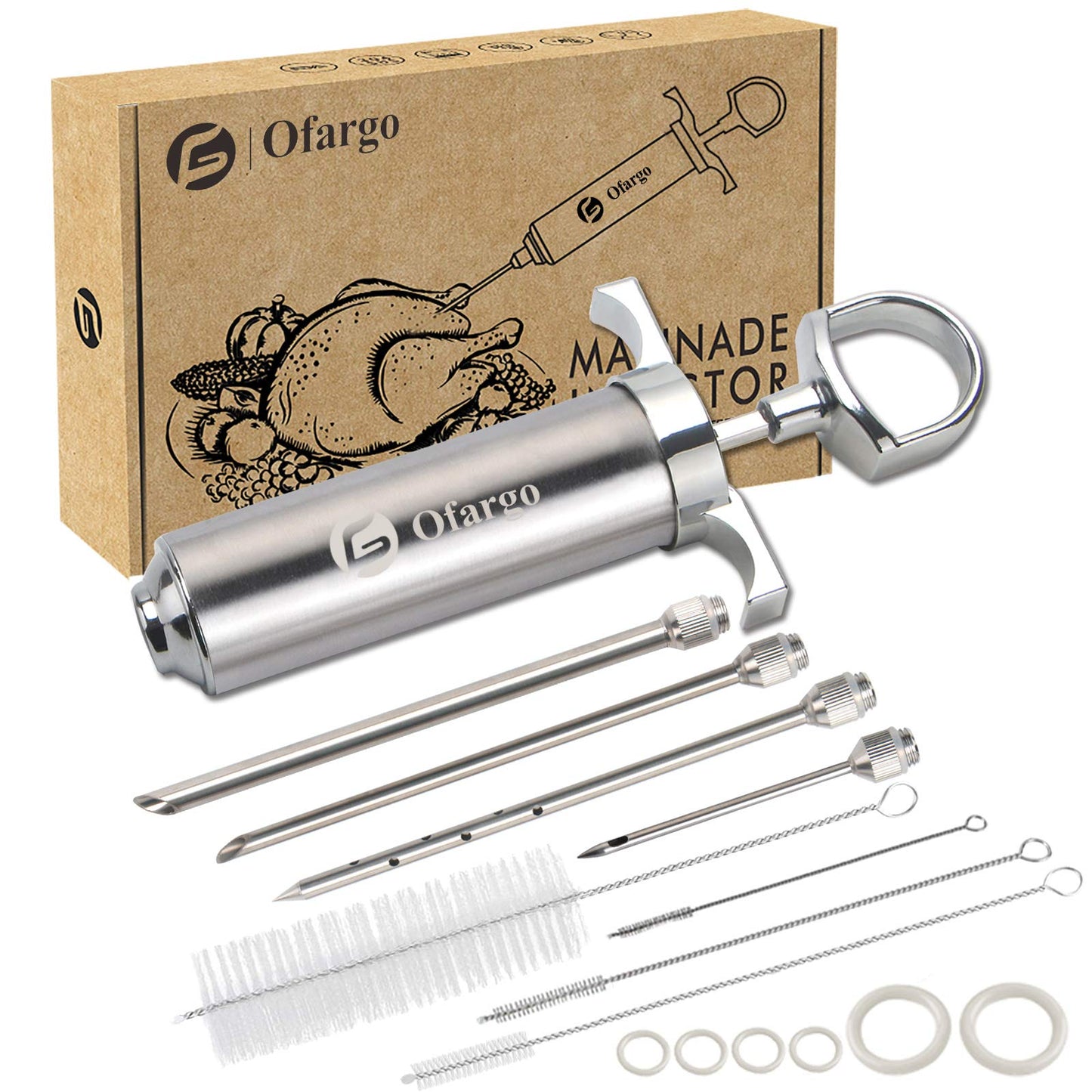 Ofargo Stainless Steel Meat Injector Syringe Kit with 4 Marinade Needles for BBQ Grill Smoker, 2-oz Large Capacity, Both Paper User Manual and E-Book Recipe