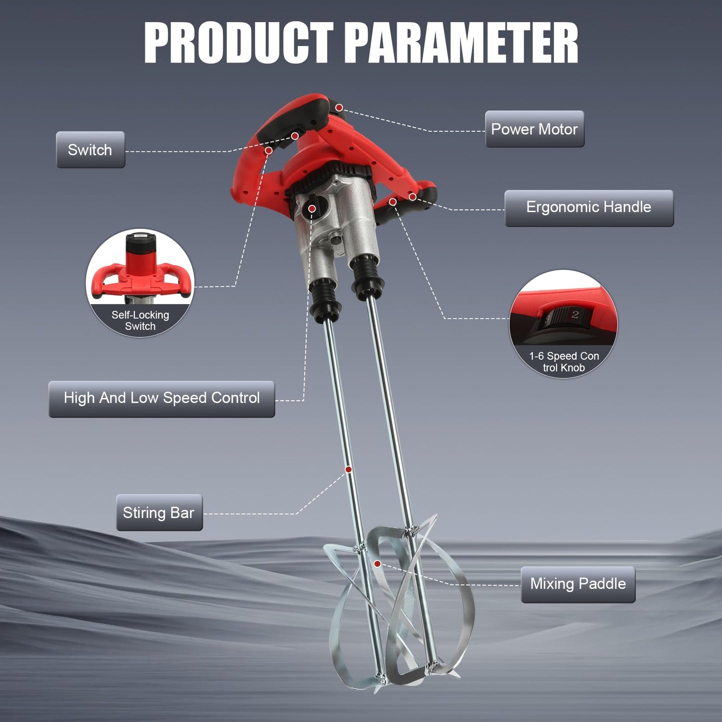 2800W Handheld Electric Concrete Mixer, Cement Mixer Dual Paddle, Portable Mortar Mixer 6 Adjustable Speed, Electric Concrete Plaster Grout Paint Mortar Mixer Machine Red