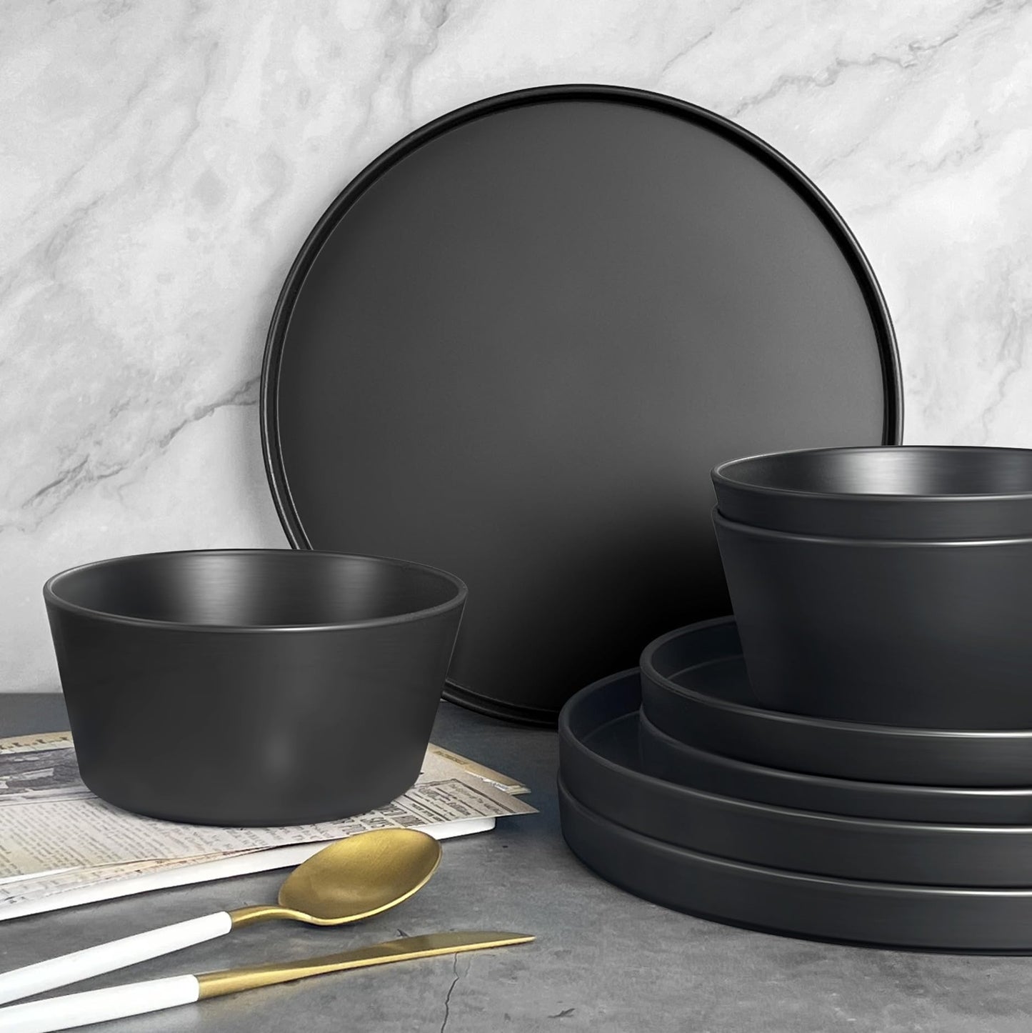 Teivio 24-Piece Kitchen Plastic Coupe Wheat Straw Dinnerware Set, Service for 6, Dinner Plates, Dessert Plate, Cereal Bowls, Cups, Unbreakable Unique Plastic Outdoor Camping RV Dishes, Black