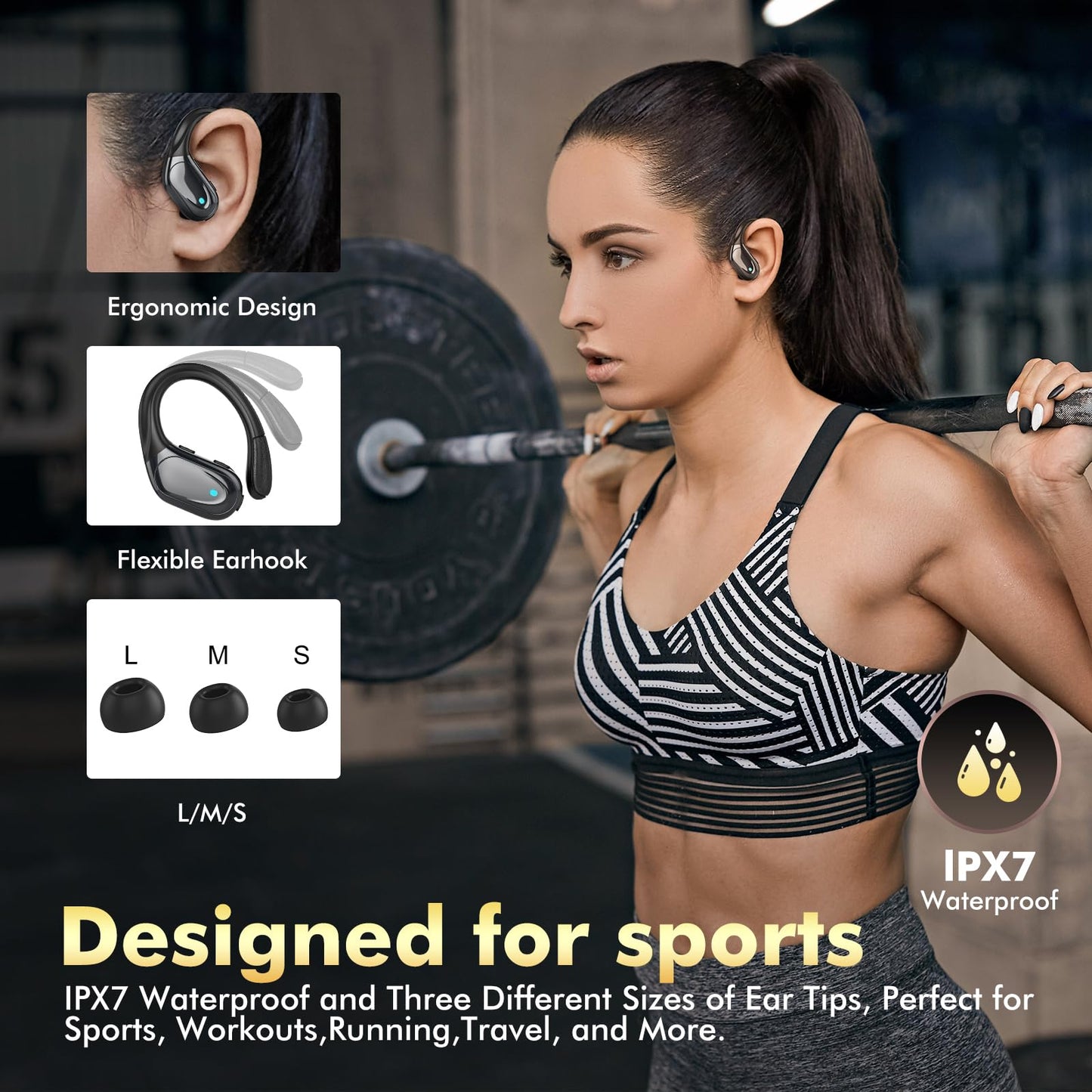 HAOYUYAN Wireless Earbuds, Sports Bluetooth Headphones, 80Hrs Playtime Ear Buds with LED Power Display, Noise Canceling Headset, IPX7 Waterproof Earphones for Workout/Running(Black)