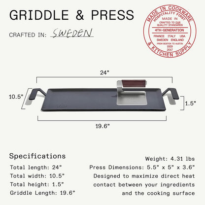 Made In Cookware | Carbon Steel Griddle + Grill Press - (Like Cast Iron, but Better) | Professional Cookware | Crafted in Sweden | Induction Compatible