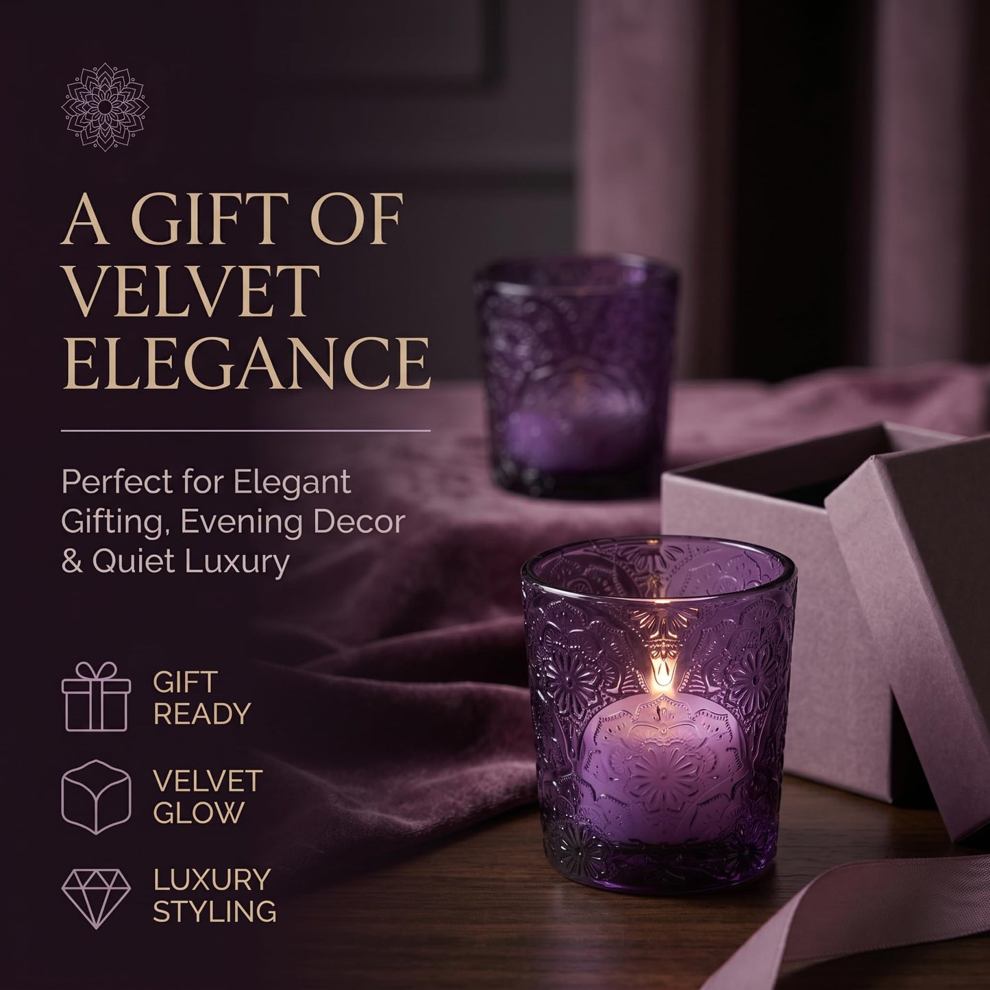 12 Pack Mandala Embossed Glass Candle Holders – Votive Tealight Holders with Patent Design, Decorative Embossed Glass Cups for Wedding Centerpieces, Parties, and Home Décor (Amethyst Bloom)