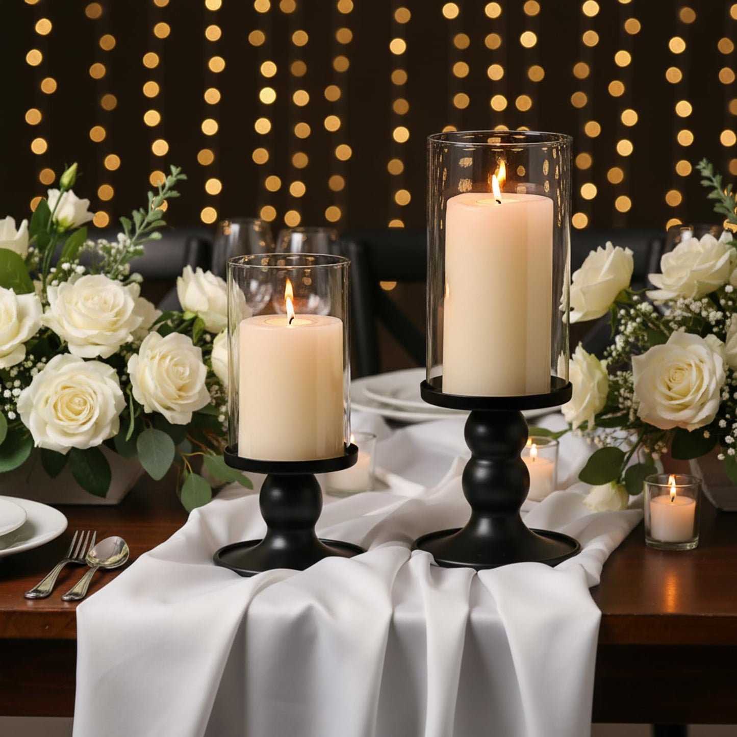 NITIME 4Pcs Hurricane Candle Holder for Pillar Candles, Black Candle Holders with Clear Glass Sleeve for Table Centerpieces,Pillar Candle Holders for Home Decor, Wedding, Holiday and Party Decor