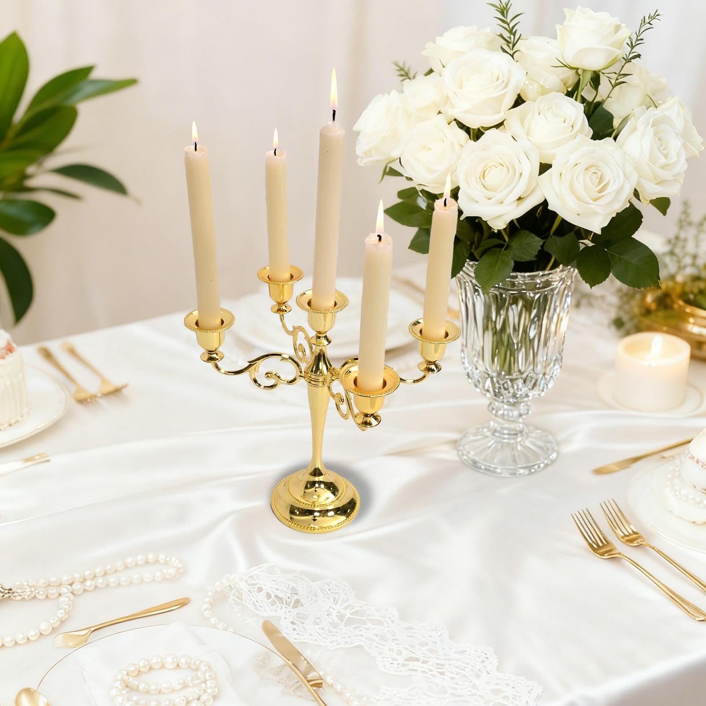 Gold 5 Arm Candelabra Candlestick 10.2 Inch Tall Metal Candle Holders Classic 5-arms Polished Taper Candle Holder Centerpieces for Home Decor Dining Tables Wedding Church Christmas Holiday Events