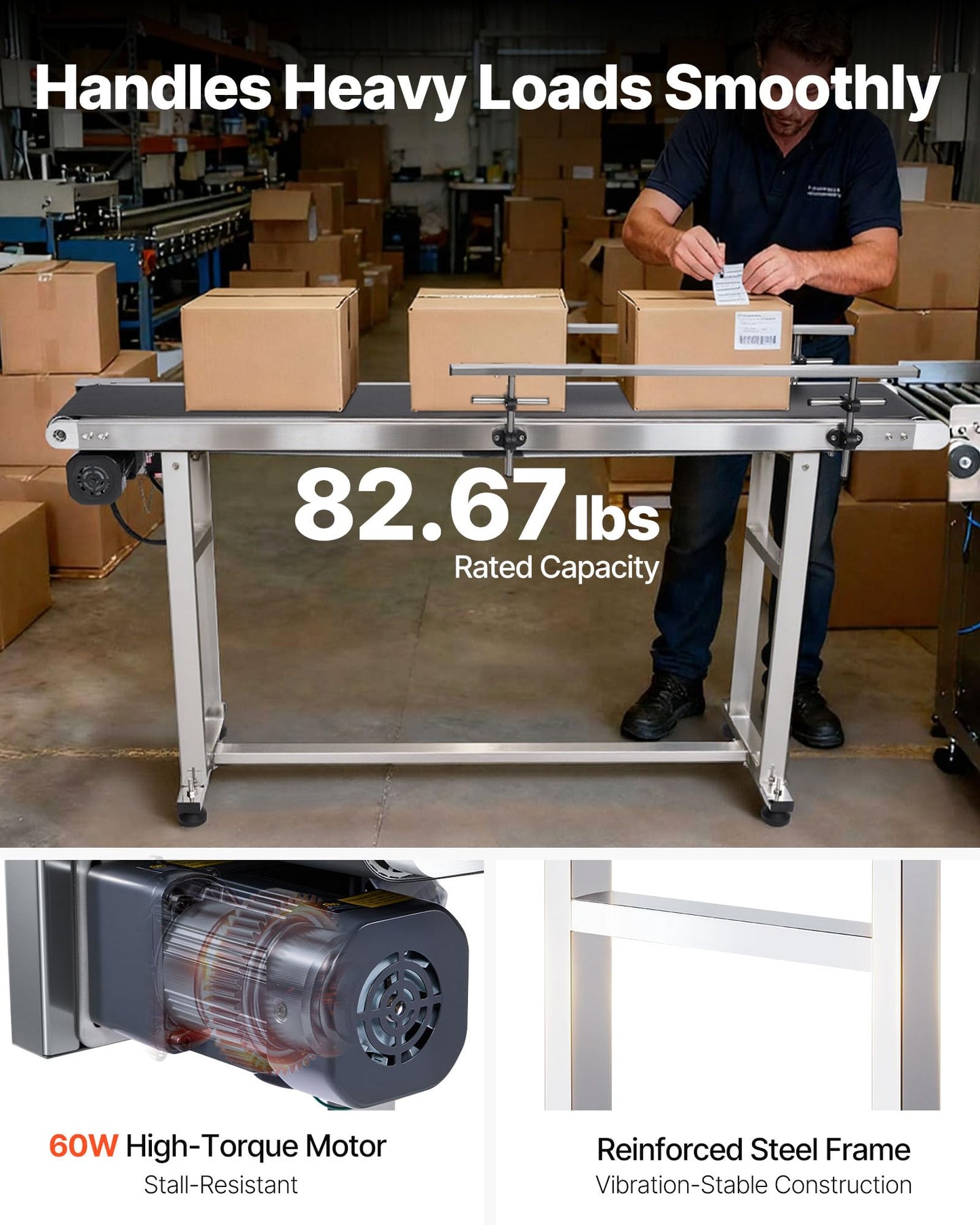 VEVOR Belt Conveyor, 59 x 7.8 inch Conveyor Table, Stainless Steel Motorized Belt Conveyor PVC Belt Anti-Static Adjustable Speed (Double Guardrail)