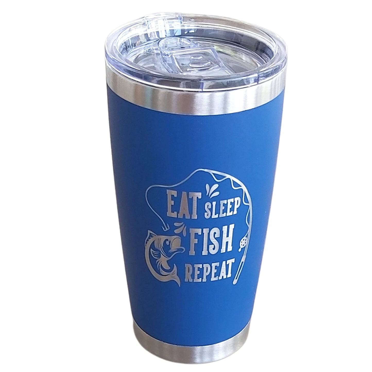 Eat Sleep Fish 20oz Stainless Steel Tumbler with Lid (Royal Blue), Fishing Travel Mugs for Men, for Him,