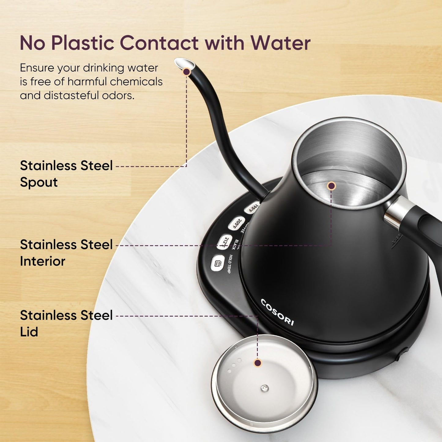 COSORI Electric Gooseneck Kettle with 5 Temperature Control Presets, Pour Over Kettle for Coffee & Tea, Hot Water Boiler, 100% Stainless Steel Inner Lid & Bottom, 1200W/0.8L