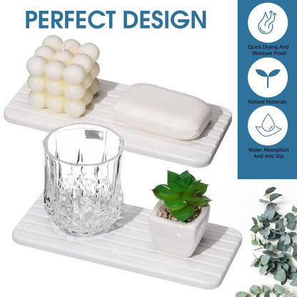 Photect 2Pcs Water Absorbent Diatomite Coasters 8.6x4'' Diatomaceous Earth Drying Ma, Grooved Design Water Absorbing Stone for Home Bathroom Decoration Home Warming Gift (White)