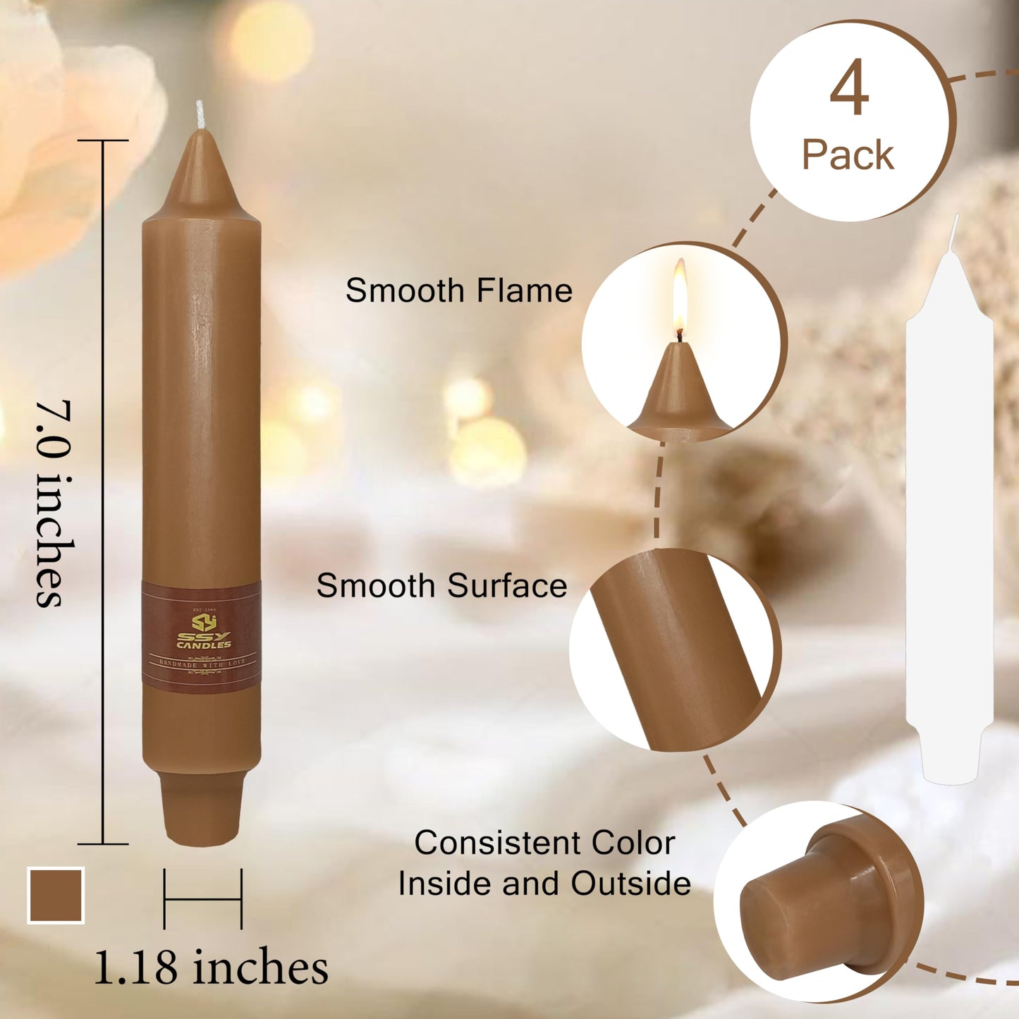 4 PCS Short Taper Candles Brown Candle Tapers Candle Sticks 7 inch for Dinner Household Wedding Party Home Décor Candles