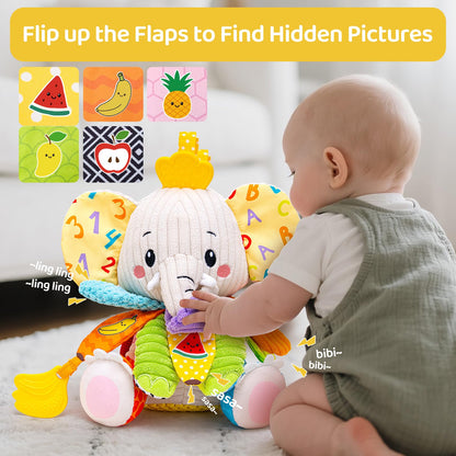 Baby Toys 3-6 Months, Musical Stuffed Elephant Toddler Toy for Newborn Infant 3 6 9 12 Months, Tummy Time Toys Montessori Sensory Toys 0-6 6-12 Months, Crinkle Paper, Mirror Soothing Music Shower Gift