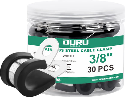 OURU 30pcs 3/8 Inch Stainless Steel Cable Clamps,Rubber Coated Cushioned Insulated Cable Clamp,Automotive Cable Wire Clamps,Pipe Clamps,Metal Clamp for Tube,Lines,Wire Cord Installation(Black,10mm)