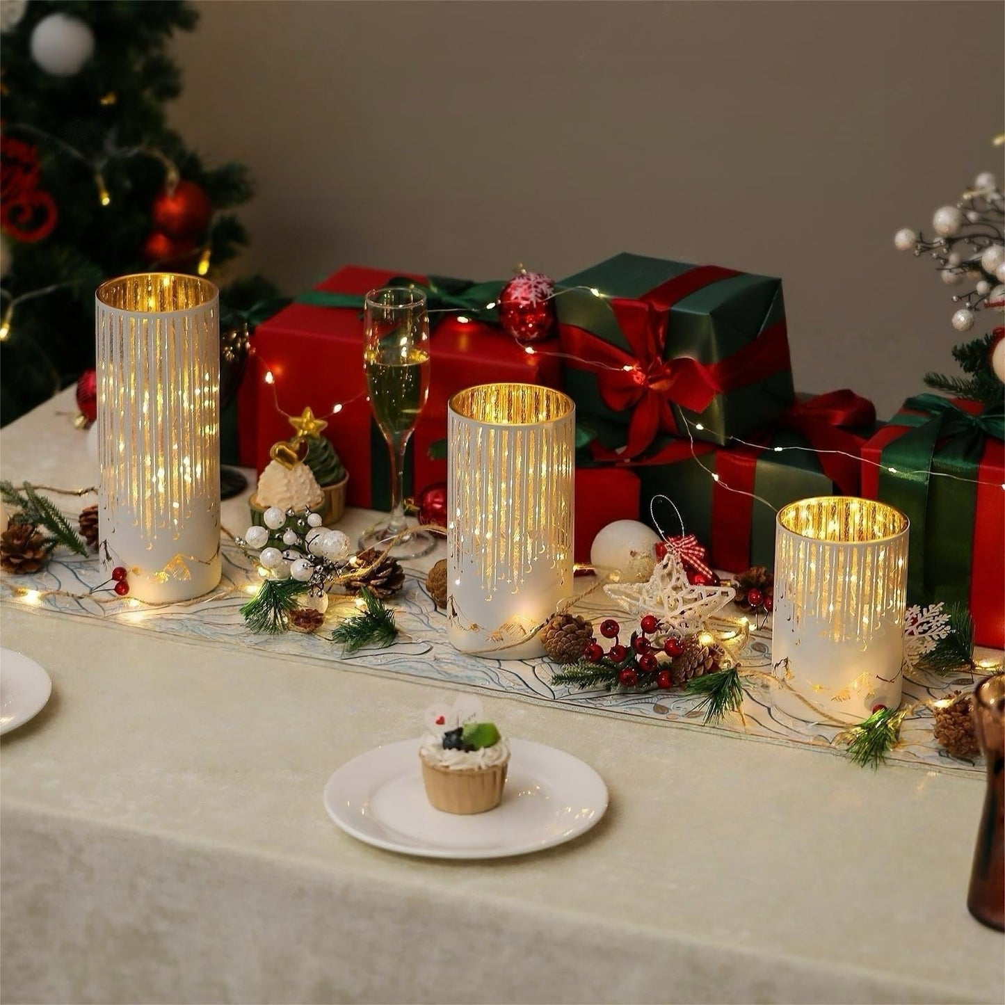 Ashroder Starry Night Hurricane Candleholders with Warm LED Lights & Remote Timer, Elegant Twinkling Decorative Centerpieces for Wedding, Dining Table, Living Room, Mantel Décor, Set of 3 (White)