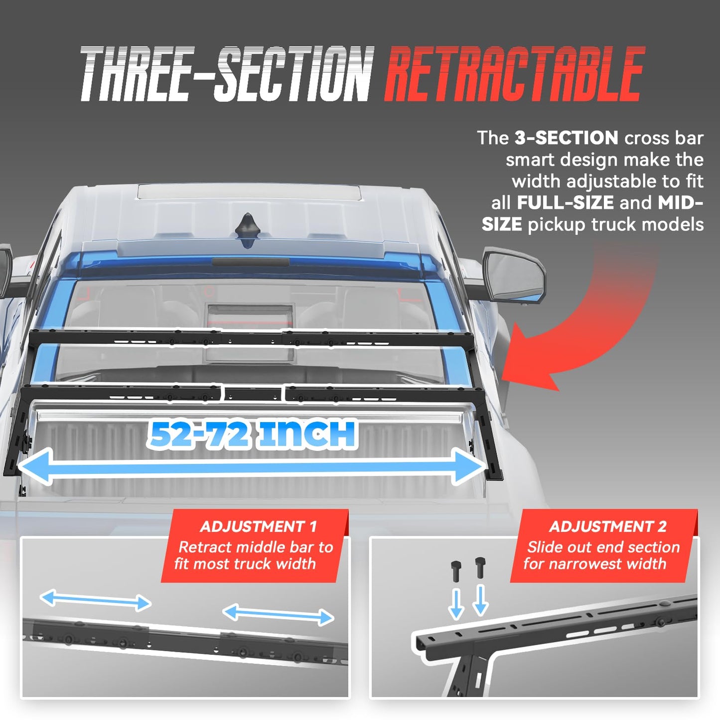 Truck Bed Adjustable Cross Bars for Pickup Trucks, Wide Width Adjustment, No-Drills Needed Installation (Not for Any Bed Cover), 95033C
