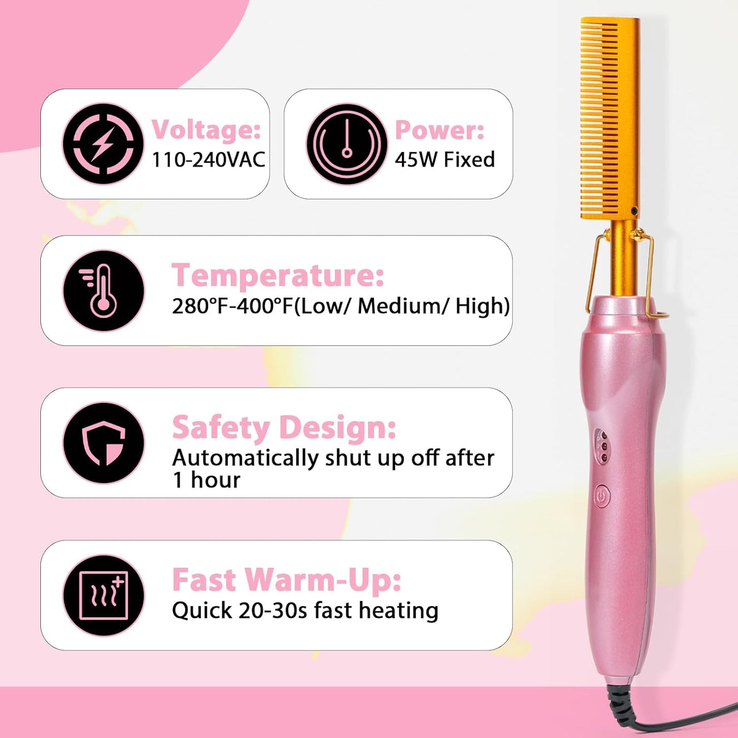 Electric Hot Comb Hair Straightener Heat Pressing Combs Ceramic Curling Flat Iron Curler, Hot Comb Electric for Wigs Electrical Straightening Comb Curling Iron for Natural Hair with Anti-Scald Case