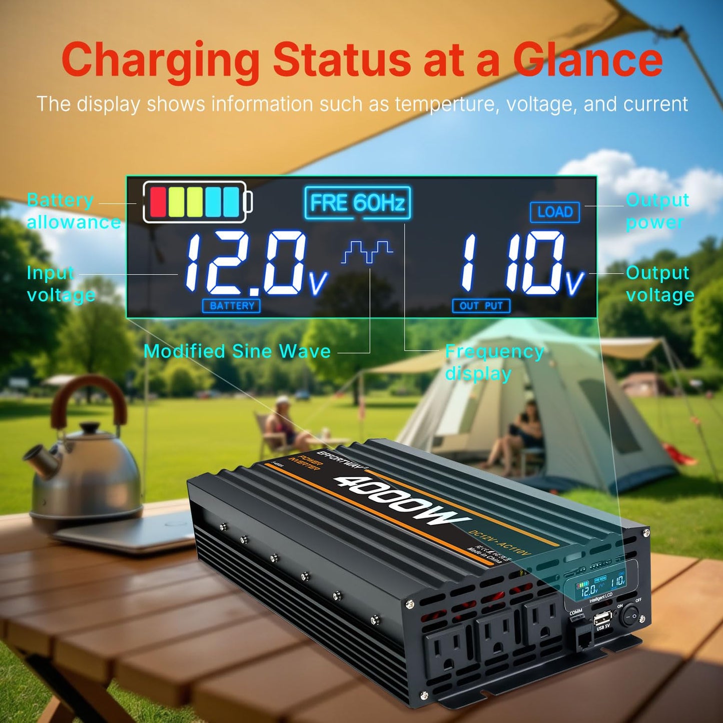 EFFORTWAY 4000W Power Inverter, 12V DC to 110V/120V Modified Sine Wave Inverter with 3 AC Outlets, USB Port, Wired Remote Controller, Car Power Inverter for RV, Truck, Boat, Camping, Off-Grid