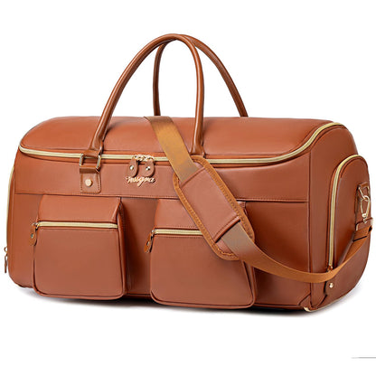 Suit Bag,Vessgra 56L Garment Bags for Travel,2 in 1 Leather Duffle Bags for Men Women, PU Leather Convertible Travel Bag with Shoe Compartment,Work Weekender Bussiness Wedding,Reddish Brown