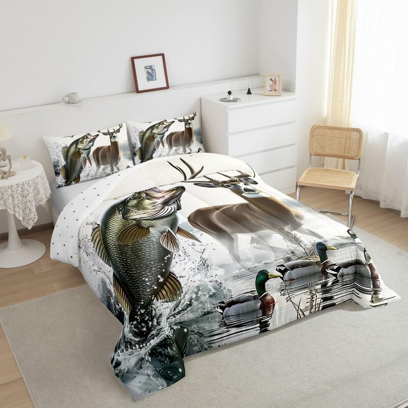 Feelyou Boys Girls Deer Pike Fish Duvet Insert Twin Size, Bass Big Fish Comforter Set Fishing and Hunting Bedding Set Kids Teens Bedroom Decor Bed Set 2Pcs