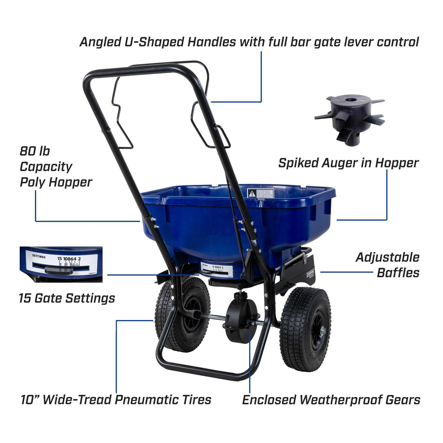 Chapin 88000A Spreader, Salt, Ice Melt, 80Lbs, SaltPro, Walk Behind, Residential, Broadcast, Spiked Auger, Adjustable Baffles, 10" Tires, Coated Steel Frame, Enclosed Gears, Weather-Resistant