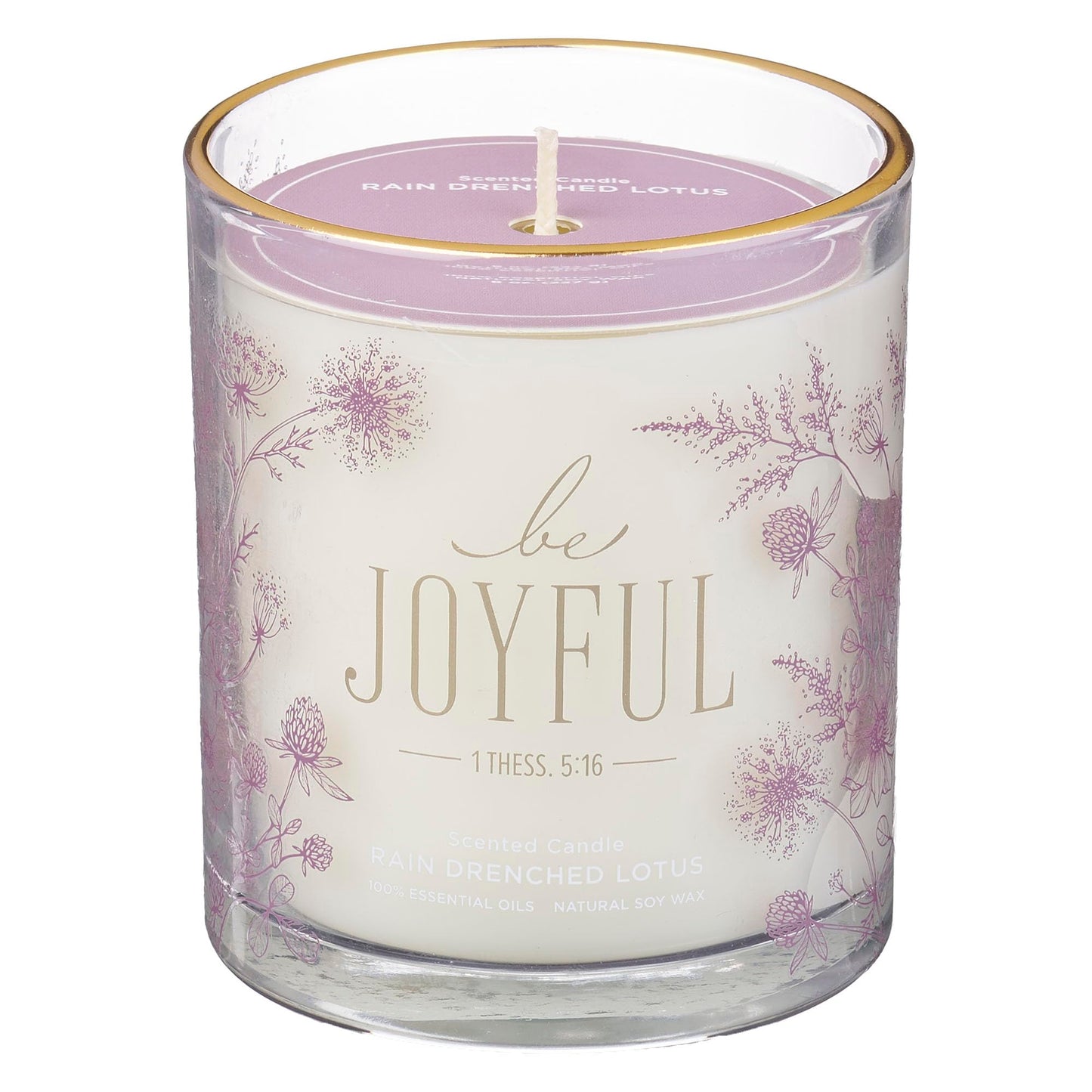 Christian Art Gifts Be Joyful Scented Candle: Soy Wax, Pure Essential Oils, Rain Drenched Lotus Scent, Bible Verse, Floral Design Glass Jar, Encouragement Gift for Women, 40 Hours Burn Time