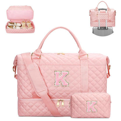 CLOUDWINGS Gifts for Women Girls Initial Travel Duffle Bag Quilted Weekender Carry-On Overnight with Cosmetic Bag, Gym Bag with Shoe Compartment, Pink K