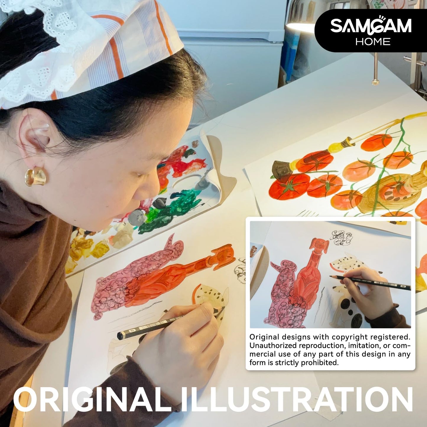 SAMCAM Placemats Set of 4 with Hand-Drawn Illustrations, 17.7" x 11.8", Faux Leather Place Mats, Waterproof, Heat Resistant, Anti-Slip, Easy to Clean, Table Mats for Dining, Kitchen, Coffee Table