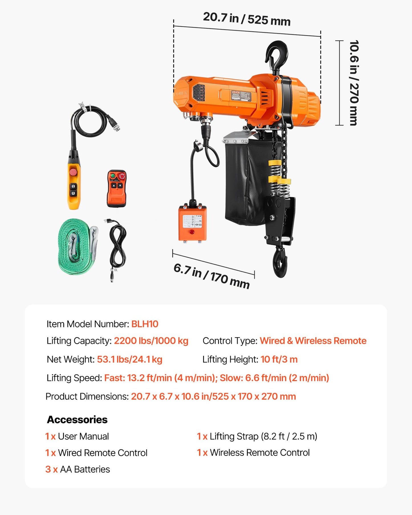 VEVOR 2-Speed Electric Chain Hoist 2200 lbs, G100 10ft Lifting Height, 120V 1-Phase Overhead Crane with 328ft Wireless & 8ft Wired Remote Control, Power Electric Hoist for Factory, Warehouse, Garage
