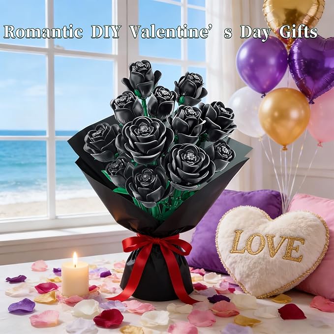 Black Rose Flower Building Blocks Bouquet 12 PCS Gothic Artificial Roses DIY Botanical Set Home Office Decor Gift for Women Adults Teens Valentines Day Mothers Day 512 PCS