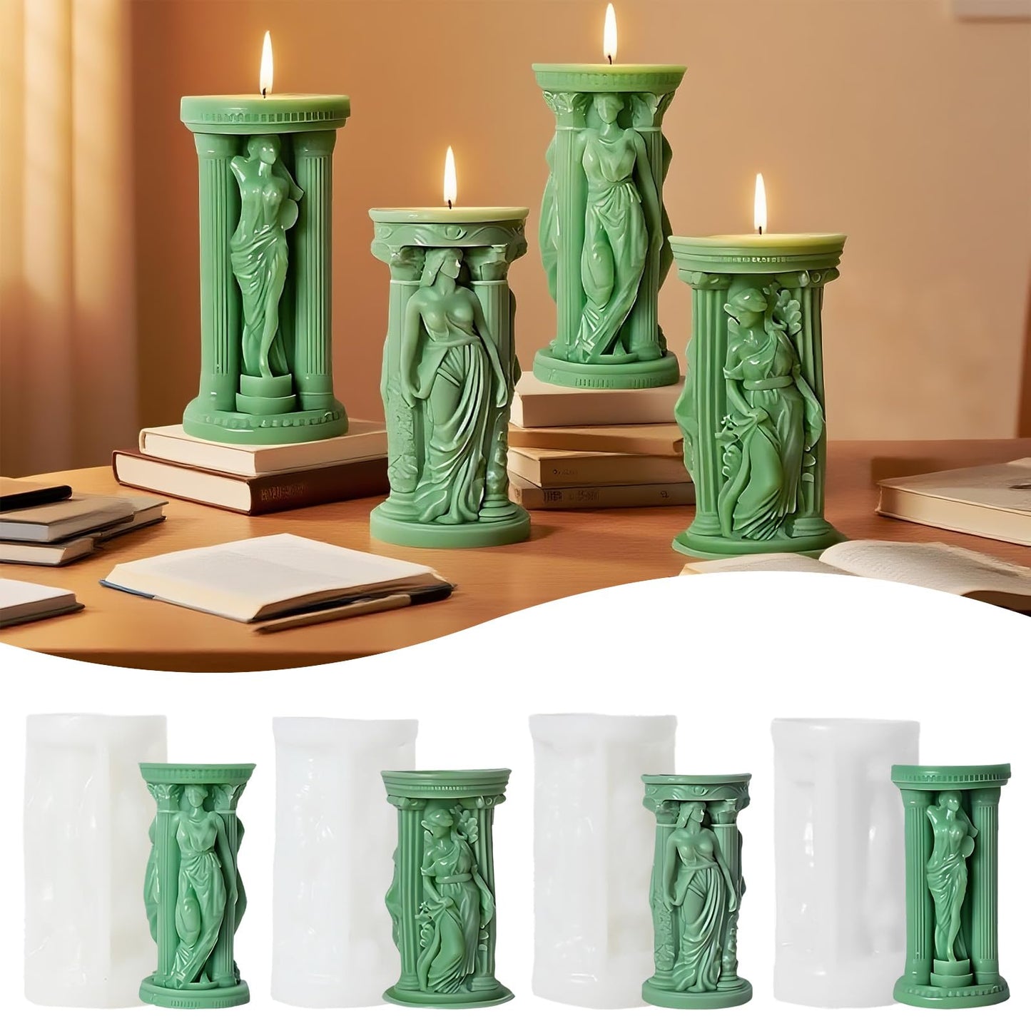 4 Pack Goddess Athena Silicone Pillar Candle Molds, 3D Portrait Resin Casting Silicone Mold for Epoxy Resin Craft, Soap & Aromatherapy Candle Making, Home Table Halloween Party Decor Craft Molds