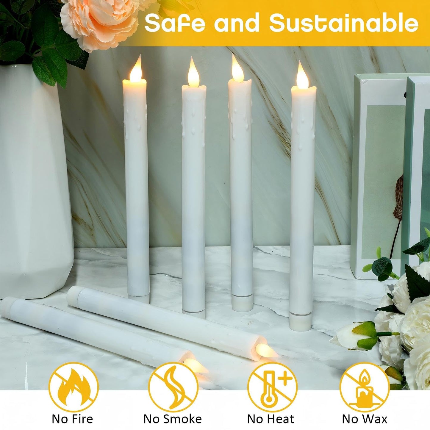 Baquler 24 Pcs 10 Inch White Flameless Taper Candles Dripless Battery Operated LED Flickering Candlesticks Window Candle with 3D Flickering Flame for Easter Home Wedding Church Decor