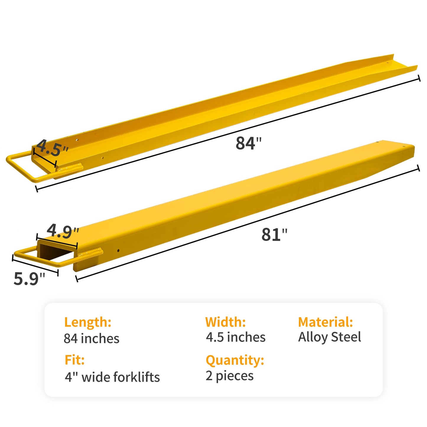 YINTATECH Pallet Forks Extensions, 84inch Length Forklift Extensions 4.5inch Width, Heavy Duty Fork Extensions for Forklifts, 1 Pair, Yellow