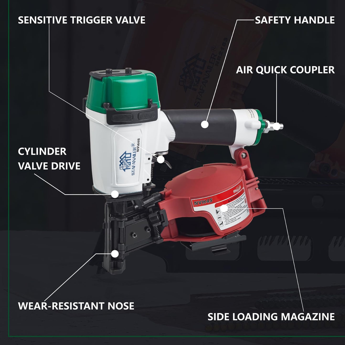 Stafanailer NVH45 Roofing Nail Gun, 15 Degree Pneumatic Pistolas Para Roofing, 7/8" to 1-3/4" Nails Compatibility, 3/8 NPT Air Connector, 120-Pcs Load Capacity for Roofing Constructions(Wht-Grn Ver)