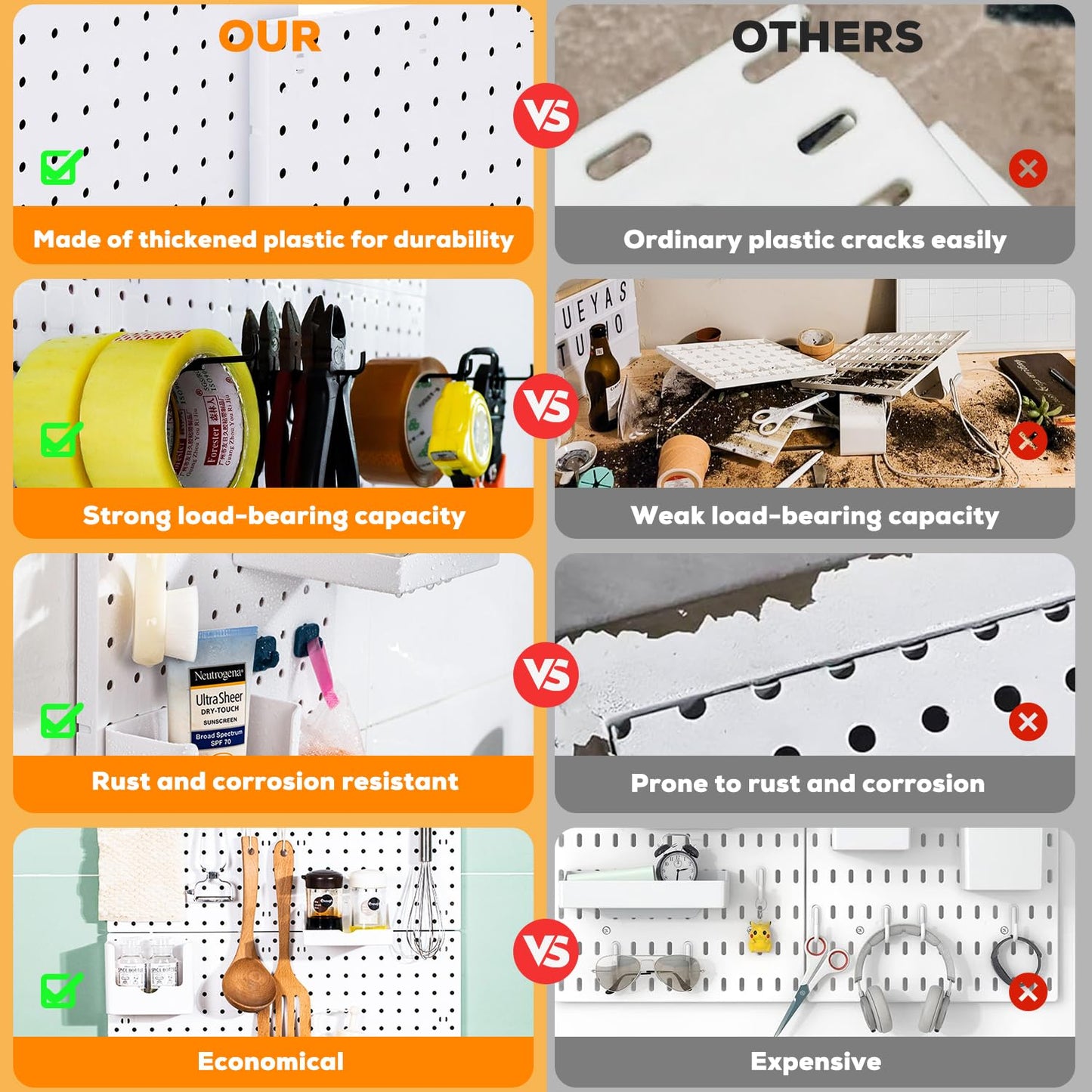 6Pcs Pegboard, Peg Board, Pegboard Wall Organizer, Mount Display Pegboard Kits fit Pegboard Storage, Small Pegboard for Craft Room Garage Kitchen, Peg boards for Walls - White Pegboards Panels