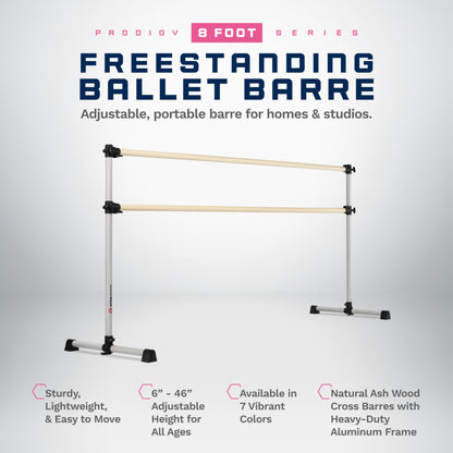 VITA Barre Portable Freestanding Double Ballet Barre, Prodigy, 8 Ft Wood Bars, Satin Silver | Adjustable Height, USA Made, Home or Gym Exercise Equipment for Kids & Adults | Dance, Fitness, Pilates