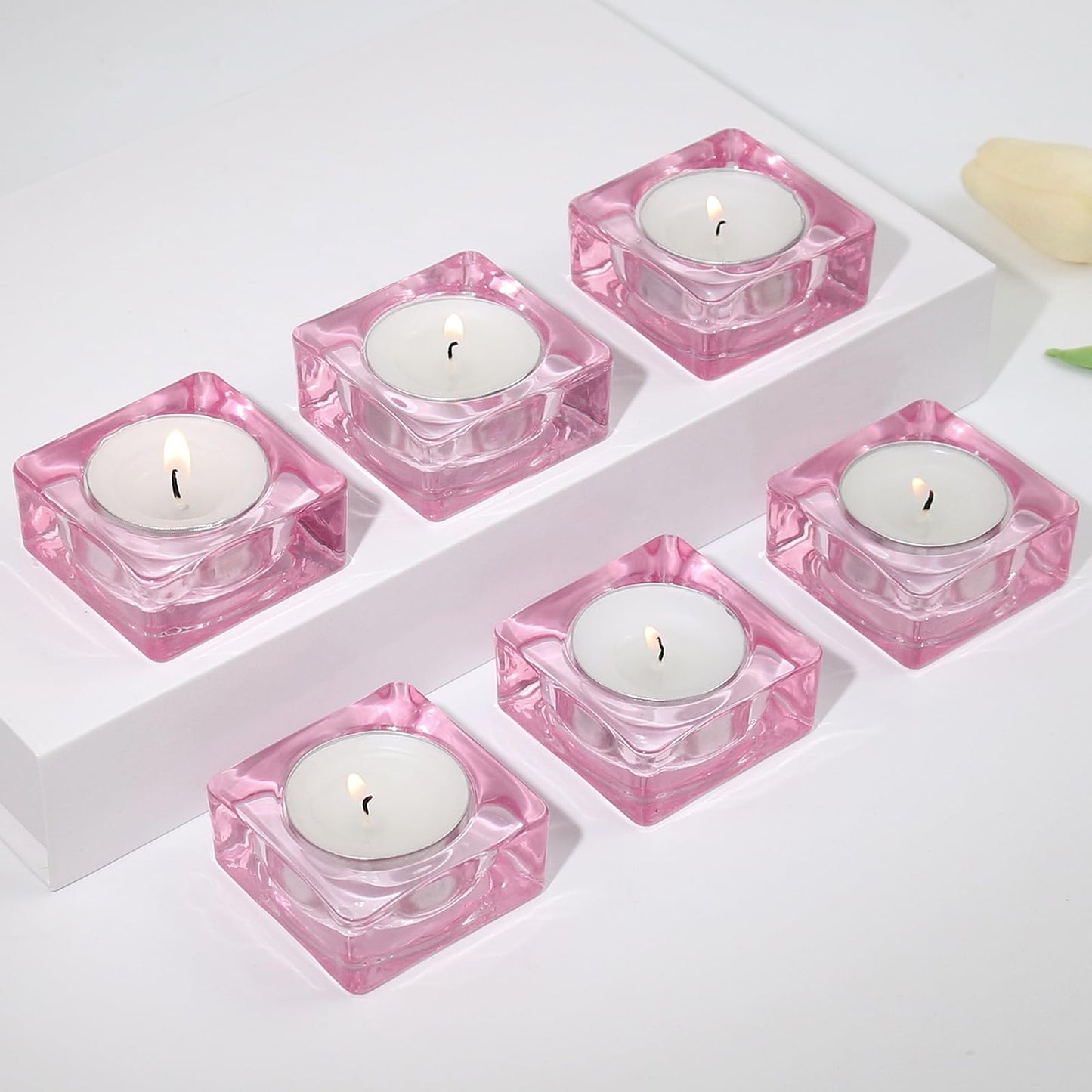 CHOCSTAY Tealight Candle Holder Set of 6, Pink Glass Candle Holder Heat-Resistant Square Holders for Wedding, Party, Home Décor